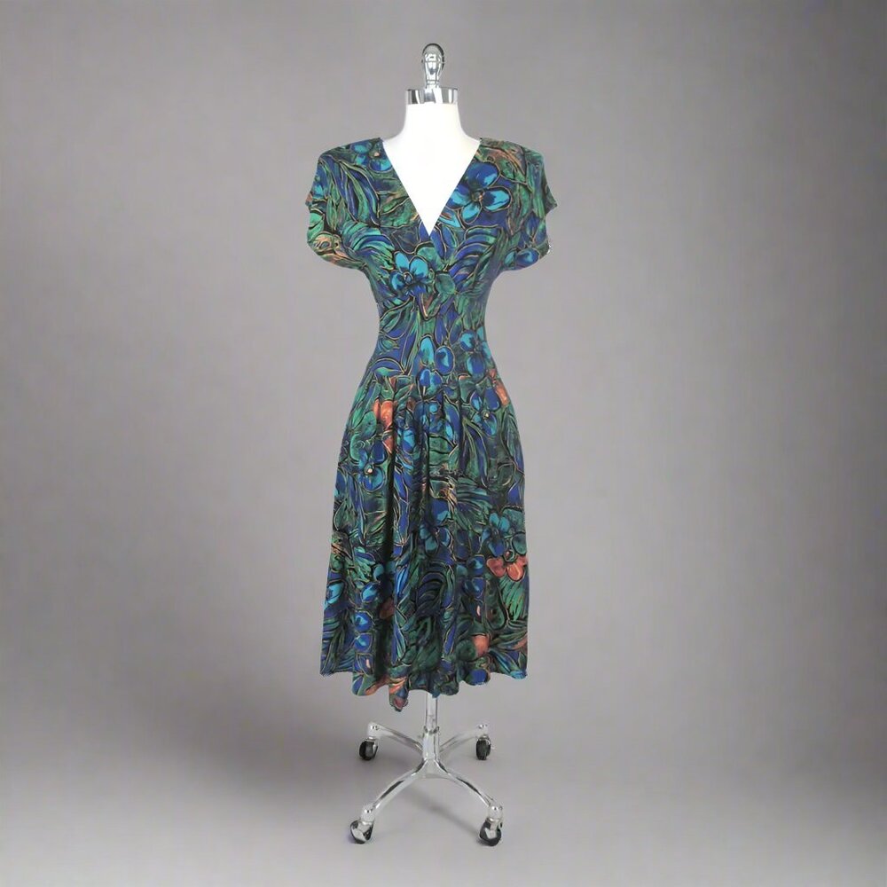 Vintage 80s  Floral Full Skirt Day Dress XS